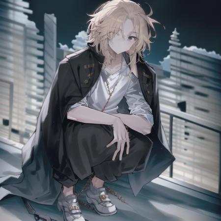 mikey, manjiro_sano, tokyo_revengers, 1boy, male focus, blonde hair, black eyes, squatting, pants, shirt, long sleeves, solo, white shirt, full body, jacket, outdoors, hair over one eye, jacket on shoulders, long hair, looking at viewer, closed mouth, empty eyes, black pants, coat, medium hair, white footwear, coat on shoulders, feathers, fence, bird, shoes, chain-link fence