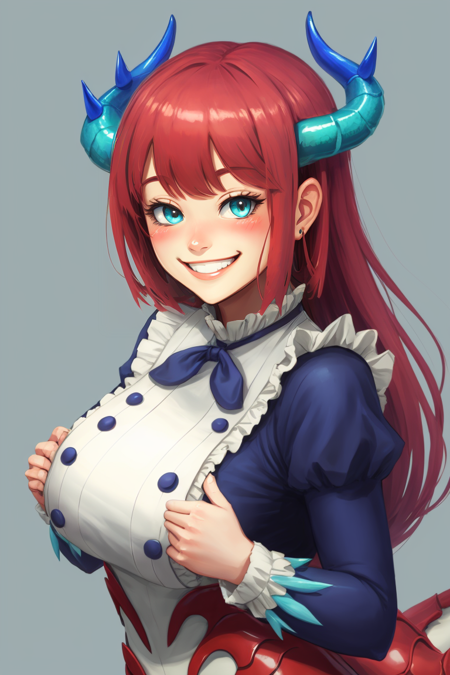 <lora:Kitchen_Dragonmaid-10:0.7>, kitchen_dragonmaid, looking at viewer, blush, smile, simple background, white background, grin, grabbing own breast, blue horns