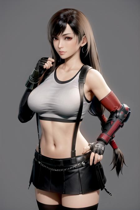 GAME_tifalockheart_aiwaifu,aiwaifu,suspenders,tifa lockhart,crop top,elbow gloves,fingerless gloves,gloves,long hair,tank top,black hair,midriff,black skirt,skirt,low-tied long hair,suspender skirt,thighhighs,black thighhighs,earrings,jewelry,black gloves,large breasts,miniskirt,sports bra,zettai ryouiki,bare shoulders,red eyes,navel,shirt,elbow pads,white tank top,lips,brown eyes,adjusting clothes,adjusting gloves,taut clothes,belt,chain,collarbone,shorts,stomach,thighs,arm guards,black pantyhose,pantyhose,pleated skirt,very long hair,masterpiece,best quality,ultra detailed, highres,incredibly_absurdres,8k, perfect lighting,highly detailed,scenery,pose,straight-on,solo,looking at viewer,  <lora:GAME_tifalockheart_aiwaifu:0.7>