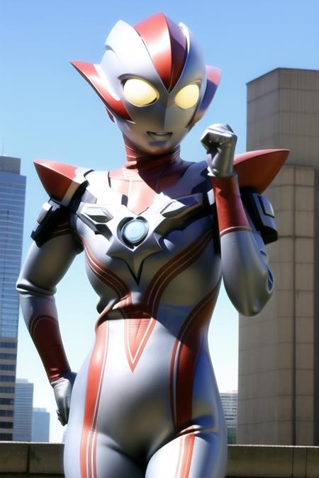 Best quality, masterpiece,
1girl, <lora:Grigio:0.7>, Grigio, ultraman, bodysuit, helmet, solo,
a giant in city, blue sky background,