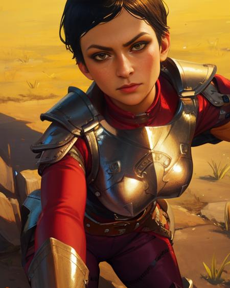 Cassandra,brown eyes,freckles,scar on face, very short black hair ,makeup, solo,serious expression, mouth closed,  close up, staring at viewer, 
CasAr,brown gauntlets,breastplate,belt,armored boots, red shirt with purple sleeves, stitched purple pants,
near a training dummy, outside, morning, 
(insanely detailed, beautiful detailed face, masterpiece, best quality)    <lora:Cassandra:0.7>