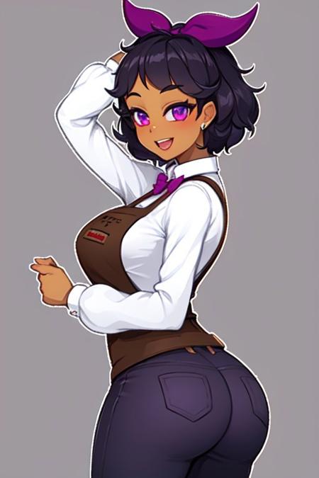 LotusCrushCrush, 1girl, solo, short hair, white shirt, black hair, long sleeves, purple eyes, hair ribbon, hair bow, collared shirt, pants, dark skin, apron, dark-skinned female, purple bow, brown apron, large breasts,