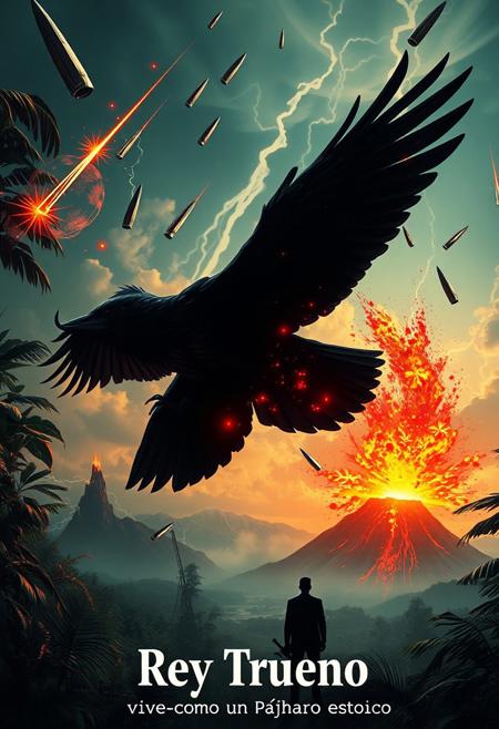 Vintage movie poster style.
Meteors falling from sky into the jungle, a black raven with wings like thunders and red sparkles, wind running as flames shapes
A silhouette of a giant man in the background looking out into space standing stoically. An extremely intricate, stylized and classy concept art, a professional photograph. Vivid vines in a jungle and a magma volcano spectral engine. Detailed Textures, high quality, high resolution, high Accuracy, realism, color correction, Proper lighting settings, harmonious composition, Behance works 
Text say "Rey Trueno", 
bottom text "vive como un pájaro estoico", detailed, high detailed, 8k.