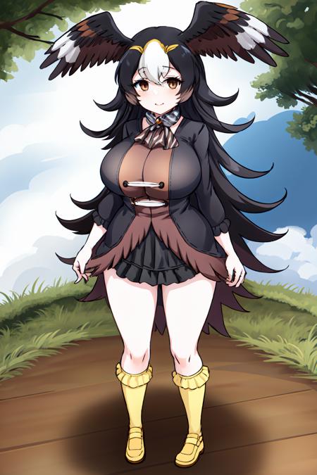 <lora:StriatedCaracaraKemonofriends_Falklandcaracara:0.7>,CARACARA
1girl,solo,masterpiece, best quality, high quality,delicate facial features,mishoujo,hyper_detail,game cg, finely detailed beautiful eyes and detailed face,lustrous skin,colorful
striated_caracara_(kemono_friends), bird wings, multicolored hair,  black hair,brown hair,white hair, blonde hair,long hair, head wings, bird girl, bird tail,brown eyes, (huge breasts:1.2), 
multicolored clothes, socks, black jacket,frills, skirt, scarf, yellow footwear, yellow socks,  long sleeves, shoes, bowtie, bow,pleated skirt,  striped
(looking at viewer:1.4), (standing:1.5), (full_body:1.5),blush,smile,closed mouth,
(field:1.4), (blue_sky:1.2),cloud,mountain