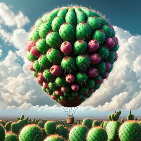 [hot hair ballon]hot air ballon high in the sky, clouds,  <lora:Prickly Pear Style v1:1>, Prickly Pear Style,