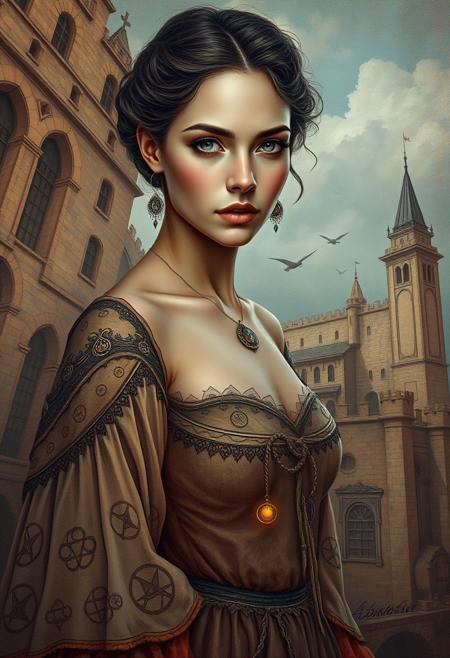 A richly textured portrait of a woman with luminous skin and hypnotic eyes, standing against the backdrop of an intricately drawn fortress, her dress adorned with hidden alchemical symbols. hyper-detailed historical landscape infused with mystical surrealism, meticulously rendered architecture blending with luminous, otherworldly figures, earthy muted tones contrasted with rich jewel-toned highlights, dreamlike realism infused with esoteric symbolism