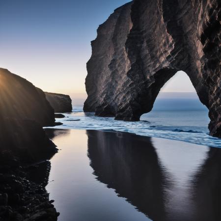 Reflections of cliffs over an ocean, at dawn, 8k uhd, dslr, soft lighting, high quality, film grain, Fujifilm XT3 <lora:Reflections-000300:0.8>