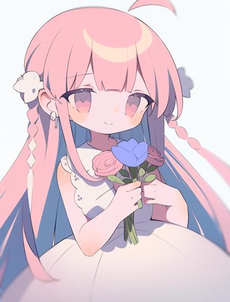 1girl, flower, solo, dress, holding flower, pink hair, long hair, holding, white background, looking at viewer, earrings, braid, smile, white dress, ribbon, pink eyes, jewelry, blue ribbon, hair ribbon, bangs, simple background, ahoge, purple flower, closed mouth, pink flower, frills, white flower, multicolored hair<lora:daizu2-07:1>