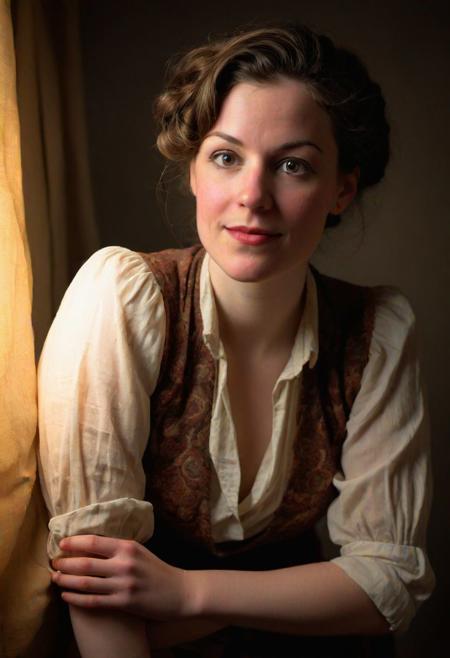 editorial photo, of a 32 year old female, historian, flirtatious, realistic lighting