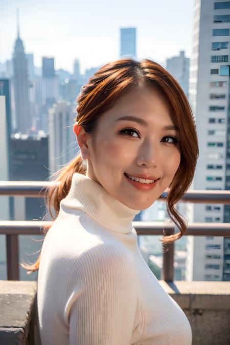 frontal view, 1woman, outdoor, Hong Kong city skyline, (looking at viewer:1.5), masterpiece, best quality, HDR,UHD,8K, <lora:mishyfish:0.82>, mishyfish, soft lighting, relax, upper body, smile, turtleneck dress, Curly hair