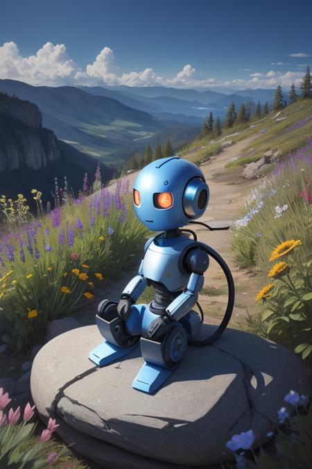 onely robot sitting on a rock, rusty, surrounded by wildflowers, clear blue sky, sharp focus, high resolution, highly detailed, surrealism style, crayon drawing with mature artistic details, vivid colors, bold lines, loneliness ambience