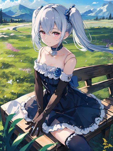 masterpiece,best quality,highres,cinematic lighting,dramatic angle,<lora:OrchisV2-000038:0.8>,1girl,silver hair,twintails,smile,doll joints,black dress,bare shoulders,choker,blue rose,black thighhighs,detached sleeves,elbow gloves,ring,holding cat stuffed toy,grass,sitting,wooden bench,petal,blue sky,depth of field,portrait,looking at viewer