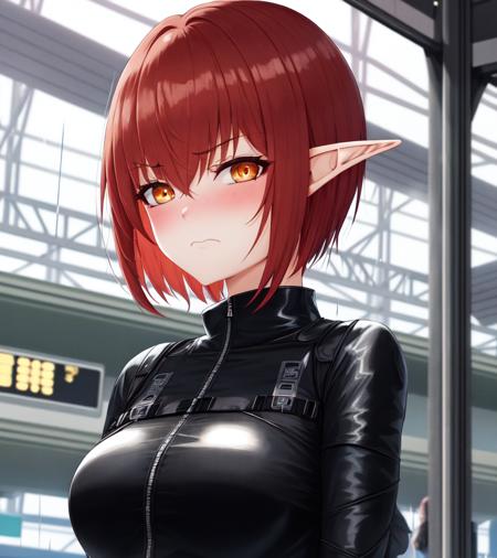 1girl, detailed, black dress, red hair, short hair, orange eyes, cyberpunk, train station, night, shiny skin, light blush, elf punk, frown, light blush, soft lighting, mist, rain, portrait, jacket, mechanical parts