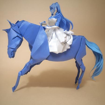 masterpiece, best quality, hd photo, an origami girl riding an origami horse, blue hair, full body, <lora:origamiV1:1>