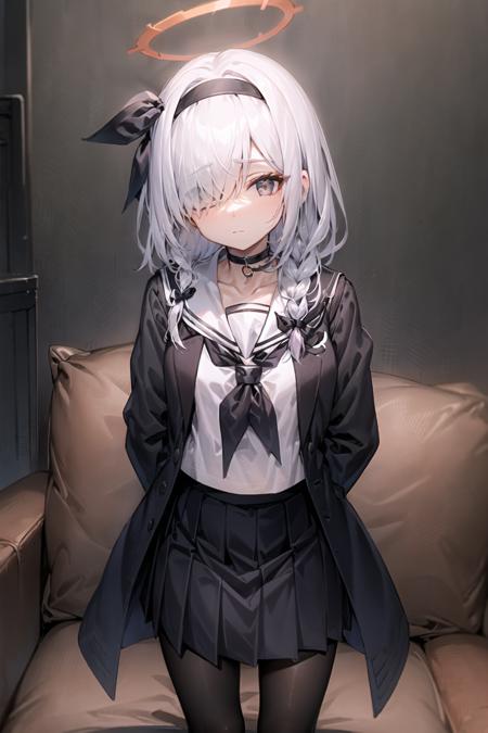 city_background, arms behind back, 

1girl, solo, halo, pantyhose, long hair, skirt, braid, hair over one eye, hairband, neckerchief, choker, white hair, standing, sailor collar, school uniform, black choker, long sleeves, looking at viewer, black hairband,  shirt, black pantyhose, pleated skirt, black skirt, open clothes, bangs, black serafuku, closed mouth, black shirt, collarbone, black sailor collar, white neckerchief, couch, single braid, coat, grey eyes, hair ribbon, black coat, ribbon, open coat, white shirt, side braid,


 <lora:PuranaV1.5:1>