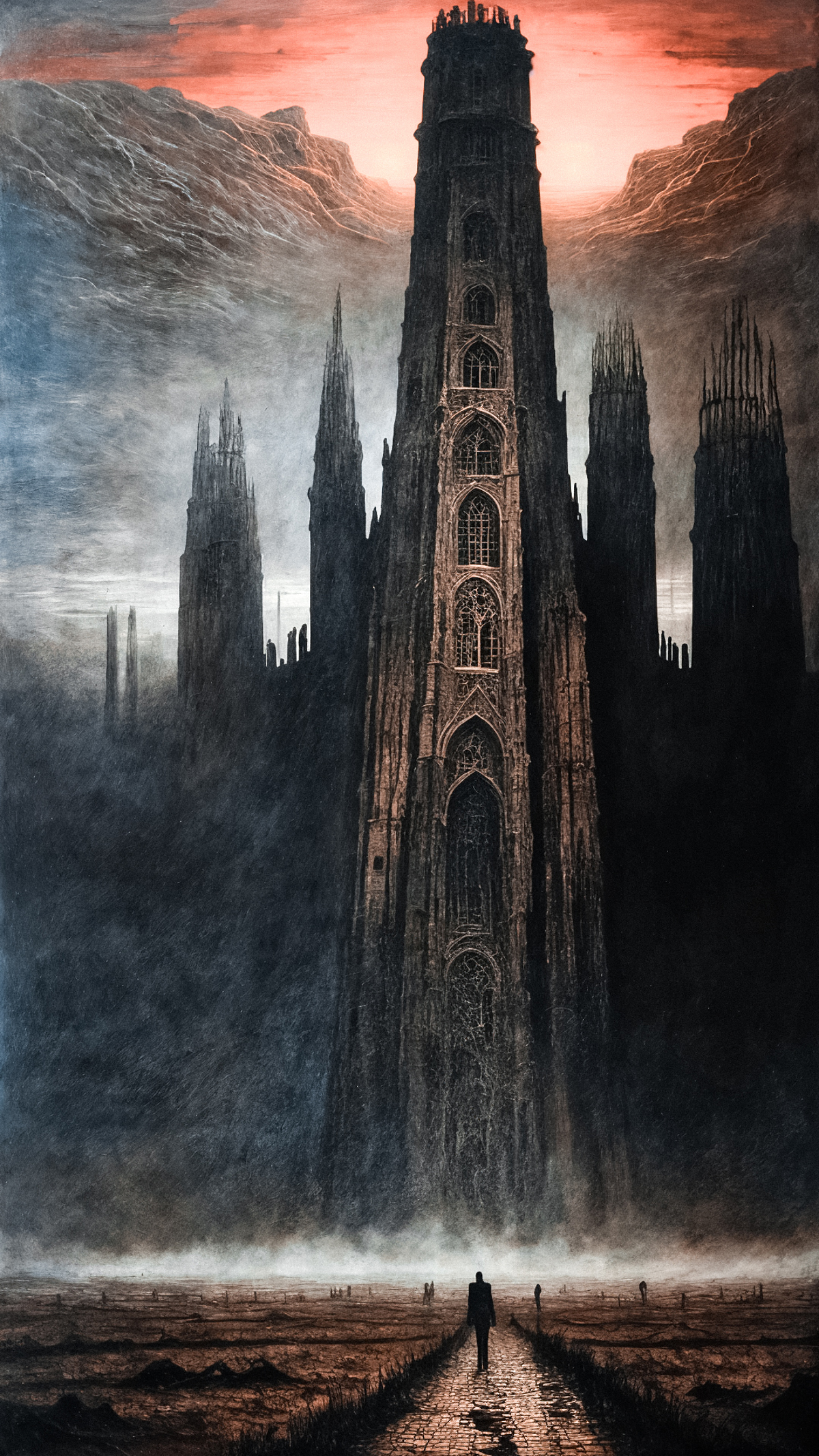 A dark and moody drawing of a large castle or cathedral with multiple towers and windows.