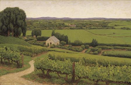 style of Henry Moret, hacienda ,hedgerow,arboretum ,ranch ,vineyard , Fen ,