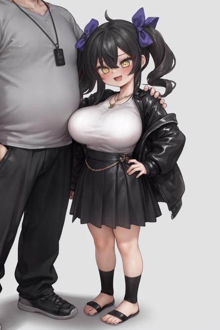 <lora:opll-sizediff3:0.9>  , masterpiece, (age difference, size difference, faceless man standing behind, father and daughter), 1girl, Matoba Risa, full body, huge breasts,  blush, black hair, twintails, necklace, hair ribbon, yellow eyes, ( rolling eyes:1.1), (smile, open mouth:0.8), <lora:varisa-r1:0.8>