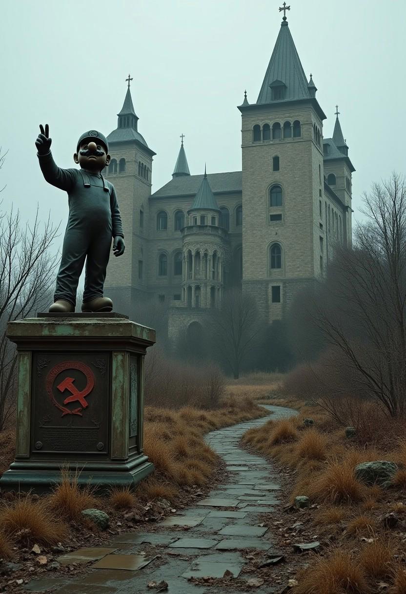 Soviet palace ruins, heavily decayed castle, Princess Peach's castle, bronze statue of Mario, victory pose, red Soviet star, overgrown vegetation, collapsed walls, shattered windows, rusted metal, faded propaganda, gloomy sky