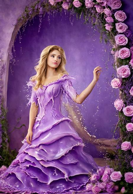 rapunzel in her unique purple dress against a lavender rose background . 35mm photograph, film, bokeh, professional, shot by aliza razell, 4k, highly detailed
