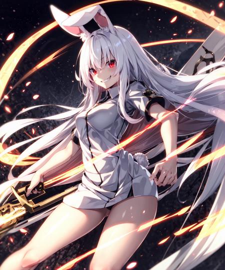 1girl, very long hair, white hair, red eyes, rabbit ears, white uniform, (evil grin:0.7), speed effect 
<lora:ryosiosV2:0.6> ryosios