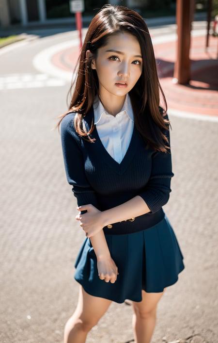 best quality, ultra high res, (photorealistic:1.4), 1girl, ( dark hair:1.1), school uniform,playground,( parted lips :1.1), full body, makeup, wide angle,