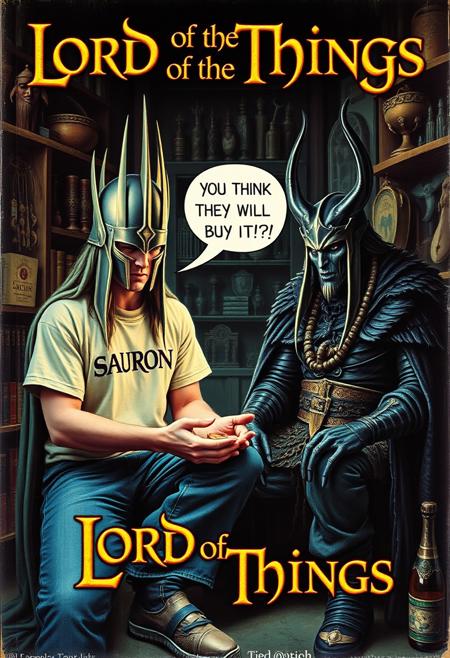 Create a fake B-Movie VHS cover art of a movie called (Lord of the Things), the cover features elven Sauron and demonic Morgoth wearing casual clothes of simple tshirt with their own name on it and jeans, Sauron is sitting with the ring in his palm, Sauron to the left is still wearing his iconic spiky helmet from the movies that fully covers his face and Morgoth to the right is wearing his demonic helmet, while one of them is asking the other in a single large speech bubble that has the exact words ("YOU THINK THEY WILL BUY IT!?") written in a fancy English font, both are next to each other in a fantasy thrift shop covered wall-to-wall with magical trinkets and items, dramatic lighting, the cover gives 80s vibes with slightly washed out colors and is despite its silliness very well rendered and extremely detailed.
