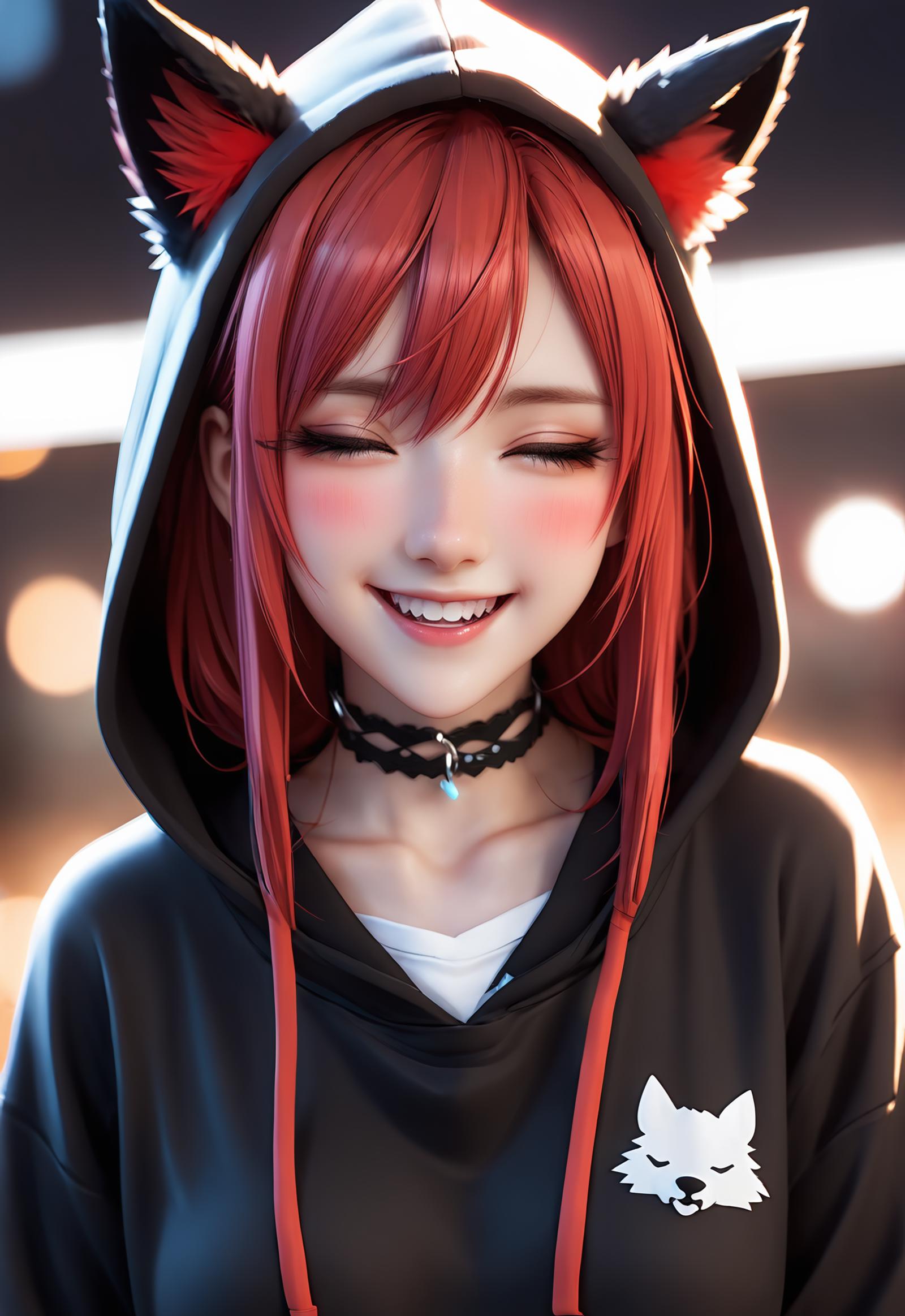 A cheerful anime girl with red hair and a black hoodie poses for a photo.