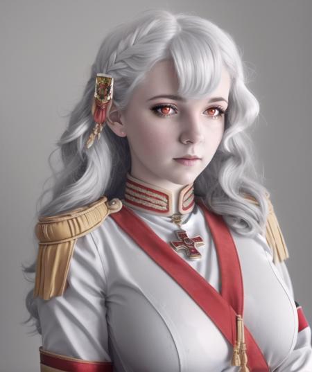 alpha_1918, (red eyes:1.1), 1girl,
hair ornament, white jacket, epaulettes, military uniform, long hair, white hair, solo, floating hair, city,
soft light,
<lora:character_ alpha_1918:1>,, (masterpiece, best quality), intricate details, 8k, artstation, wallpaper, official art, splash art, sharp focus