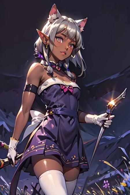 (masterpiece:1.2), (best quality:1.2), perfect lighting, beautiful, <lora:add_detail:0.5>, RAW, analog, Canon 85 mm, award winning glamour photograph, ((hyperrealistic)), fine details, 8k, uhd, extremely detailed body, (extremely detailed skin:1.2), clear, (professional lighting), highres, high detail, sharp focus, aesthetic, extremely detailed, max detail, natural skin texture, elegant, sharp focus, natural lights, HDR, high quality, (front view, standing, model posing:1.4), 1 girl, looking at viewer, elf girl, pointed ears, smug grin, fcNeg, check the prompts for ideas, fcNeg, (dark skin:1.5), elf, earrings, dark purple hair, witch, long hair, (silver eyes:1.5), thighhighs, gloves, hat, indigo dress, cleavage, bare shoulders, elbow gloves, witch hat, white thighhighs, small bust, short stature, Style-GravityMagic, MNN_Taruto, Neko mage, dark purple cat tail