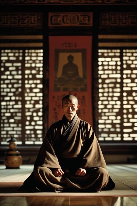 <lora:Director Zhang Yimou style:1>Director Zhang Yimou style - A Shaolin monk meditates in an ancient Zen hall, behind him are rows of old wooden meditation chairs, and a Zen painting hangs on the wall. The monk is dressed in a traditional robe, his facial expression is calm, his hands are clasped together, and his whole body exudes a peaceful power. Medium: Photography. Style: Hyper-realism, referencing  black and white photography. Lighting: Natural light slants in from the window, hitting the monk, creating a contrast of light and shadow. Colors: Black and white tones, emphasizing light and shadow and texture. Composition: Use Canon 5D EF 50mm f 1.8 STM lens, 30.4 megapixels, ISO sensitivity: 32,000,  speed 8000 second.