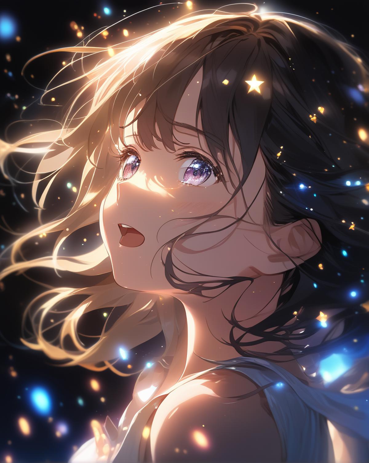 A young girl with long hair and purple eyes looking up at the stars.