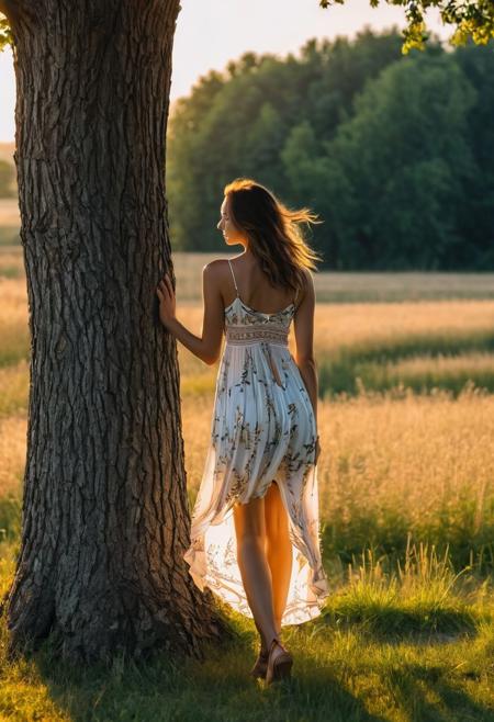 A 18-year-old woman is standing by a tree, the woman is wearing a flowing, skimpy summer dress, the woman is slender, the woman's figure is real, the correct body proportions, 4k, it is summer, the golden hour