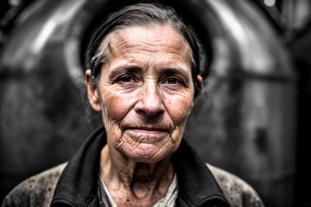 macro crisp quality, wet plate photograph close up of factory worker in Victorian era boiler room, rough skin, sad eyes, sparkles, age 54, coal dust in the air, unreal engine, cinematic, very detailed, sony A7iii, 85mm prime, f/1.8, octane render + hyper realistic, Photograph