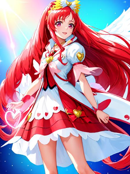 cure ace hair ribbon, red skirt, white jacket, wrist cuffs, heart brooch, kee boots, high ponytail