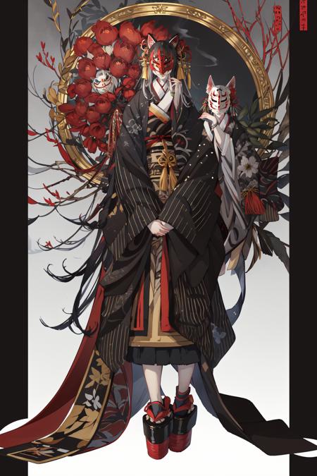 (masterpiece:1.2),best quality,anime,ghost nocturnal,
smoking pipe,1girl,long hair,kiseru,kimono,fox mask,holding smoking pipe,sash,wide sleeves,mask,obi,red lips,hair ornament,tassel,bell,black hair,long sleeves,platform footwear,tabi,flower,standing,smoke,full body,sleeves past wrists,geta,simple background,very long hair,covered eyes,own hands together,black footwear,facing viewer,bangs,smile,closed mouth,grey hair,
<lora:ghost nocturnal-000018:1>,