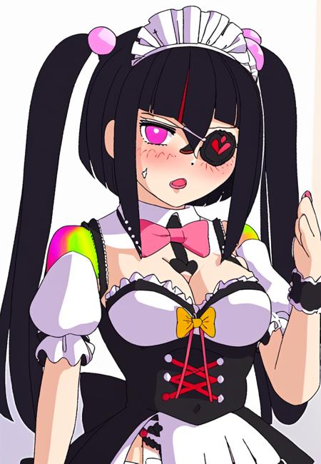 1girl,:o,apron,bangs,bare shoulders,black bow,black dress,black hair,black nails,black skirt,blush,bow,breasts,cleavage,detached sleeves,dress,eyepatch,frilled apron,frills,grey sleeves,hair between eyes,hair bow,hair ornament,hairclip,hand up,heart,heart hair ornament,holding,holding stuffed toy,long hair,looking at viewer,maid headdress,medium breasts,multicolored hair,nail polish,open mouth,pink hair,puffy short sleeves,puffy sleeves,purple eyes,shirt,short sleeves,simple background,single thighhigh,skindentation,skirt,sleeveless,sleeveless dress,solo,standing,streaked hair,stuffed animal,stuffed rabbit,stuffed toy,thigh strap,thighhighs,twintails,two-tone hair,very long hair,virtual youtuber,white apron,white background,white thighhighs,wrist cuffs,x hair ornament
<lora:umineko-000013:1>