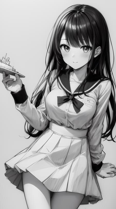 (masterpiece, top quality, best quality, ultra high res, manga style, sketch, hand drawn, black and white), girl, school uniform, holding a cake,