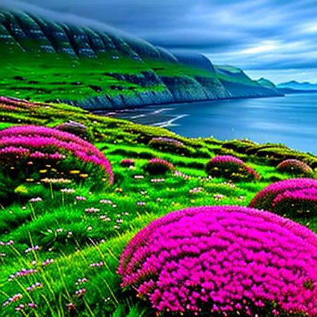 coastal scotland landscape background, Clover, bunch grass, large Crystals, crags, clouds