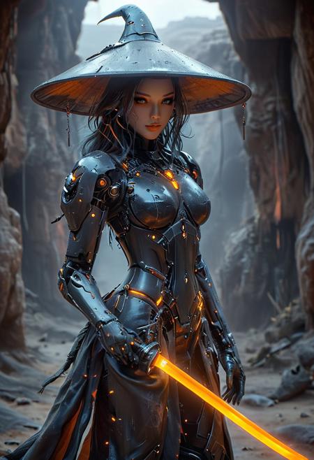 In the smoky depths of a neon-drenched desert dream, the cyborg Bedouin sorceress stands poised—fluid as silk, sharp as desire. A sleek, wide-brimmed witch hat curves dramatically above her, casting teasing shadows over her playful, knowing smile. The translucent shimmer of her tight bodysuit hugs every curve—her large, soft breasts and narrow waist emphasized by the glint of neon. Thigh-high stockings lead into sharp, spiked heels, every step a promise of danger and delight.
From beneath the brim of her hat, a whimsical robot freak emerges—absurd yet magical, casting surreal shapes through the glowing haze. Her katana rests in its sleek scabbard, the blade’s translucent orange and purple hues spilling over her curves like a lover’s touch. She stands on the edge—half-sheathed, half-unsheathed—her body a perfect balance of control and temptation, ready to strike or seduce at any moment.
Her glowing skin, kissed by the grit of the wasteland, reflects every subtle imperfection—soft pores, a hint of blush, and traces of sweat glistening under the 2000s RAW photo realism. With every gaze and motion, she is erotic and hypnotic—both sorceress and storm, myth and machine. Under black neon lights, she stands moody and epic—a cinematic dream, waiting to be unleashed.