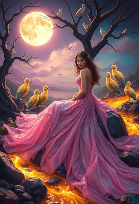 oil painting style, Fantasy scene of a woman in a glittering pink gown flowing like a river over rainbow rocks. 
She sits under a glowing full moon framed by twisted trees. Surrounded by six vivid dodo birds, near a golden-lit stream in a surreal, twilight landscape.
<lora:FLUX-daubrez-DB4RZ-v2:0.72>,
<lora:The_Dark_Side_Of_The_Future:0.4>,
<lora:DarkGhibliMJ7:0.77>,