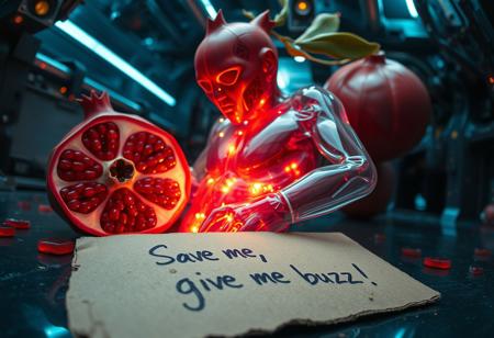 “Plastic Man morphing into a pomegranate, blending human and fruit features with intricate high-technology details. His body exhibits glossy, translucent plastic textures merging seamlessly with the vibrant, textured pomegranate skin and exposed jewel-like seeds. Random, glowing, fancy spots illuminate the scene, resembling futuristic bio-luminescence. A rotten piece of cardboard lies in the foreground, damp and crumpled, with bold, messy handwriting that reads: ‘Save me, give me buzz!’ The setting is an abstract, high-tech environment, filled with mechanical and organic elements. Rendered with cinematic prime lens effects, using a fisheye 12mm perspective for dramatic distortion and dynamic depth, showcasing surrealism with stunning visual clarity.”