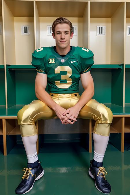 In an American football locker room, (sitting on a locker room bench), legs spread open, BradHunter is a (American football player) wearing (((green color jersey))), ((shoulder pads)), ((jersey number 3)), (((pale gold football pants and pads))), ((green socks)), (long socks), (black sneakers), slight smile, highly detailed, sharp focus, masterpiece, (((full body portrait))), (full body), wide angle, (high face detail)  <lora:BradHunter:0.8>