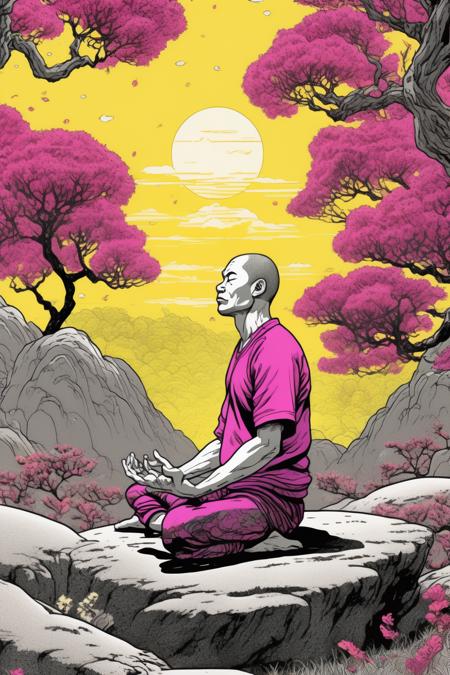 <lora:Kilian Eng Style:1>Kilian Eng Style - a 40 year old man in sweatpants, meditating in nature, duotone, vibrant magenta and yellow color, graphic novel inspired, detailed comic book art, in the style of Kilian Eng, in the style of Japanese woodblock prints, realism, luminous and dreamlike scenes