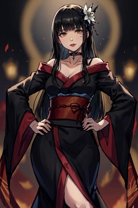 Yotsuyu FFXIV,  1girl,  bangs,  bat hair ornament,  black choker,  black hair,  black kimono,  blunt bangs,  blurry,  blurry background,  choker,  cowboy shot,  flower,  hair flower,  hair ornament,  hand on hip,  hyur,  japanese clothes,  kimono,  lips,  long hair,  looking at viewer,  mole,  mole under mouth,  obi,  off shoulder,  sash,  solo,  standing,  wide sleeves, <lora:EMS-49404-EMS:0.500000>