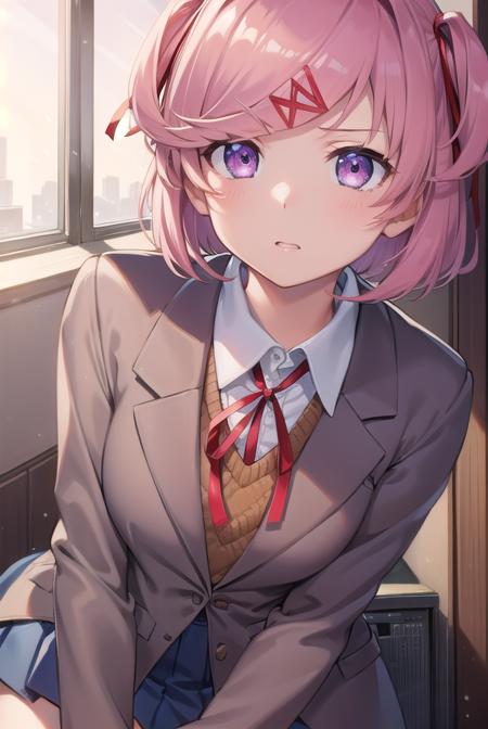 ddlcnatsuki, <lora:ddlcnatsukitest:1>,
ddlcnatsuki, fang, hair ornament, pink hair, (purple eyes:1.1), short hair, short sidetail, swept bangs, x hair ornament, (flat chest:1.2),
BREAK blazer, blue skirt, brown jacket, collared shirt, jacket, long sleeves, miniskirt, neck ribbon, pleated skirt, red ribbon, ribbon, school uniform, shirt, skirt, swept bangs, vest, white shirt, wing collar, x hair ornament,
BREAK looking at viewer,
BREAK indoors, classroom,
BREAK <lora:GoodHands-vanilla:1>, (masterpiece:1.2), best quality, high resolution, unity 8k wallpaper, (illustration:0.8), (beautiful detailed eyes:1.6), extremely detailed face, perfect lighting, extremely detailed CG, (perfect hands, perfect anatomy),