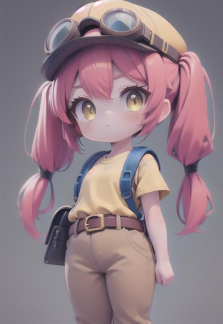 (masterpiece, best quality, hires, high resolution:1.1), (, intricate details, highres) , 1 girl ,yellow shirt, red hair, pigtails, long hair, yellow cap with goggles, brown pants  , arms , chibi , hat ,  bsjessie  , Belt  ,  <lora:last:0.8> , blue bagpack