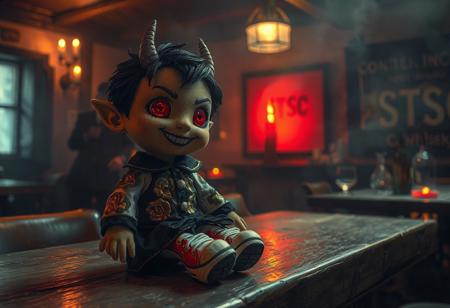 a horror version, of a small fabric plush doll, male, warm skin, devil like red eyes, empty, black hair with some green lines in it, smiling like death itself, a fine black and white clothes with detailed golden roses on it, red old and dirty sneakers, white socks, black knuggle handshoes, i bit gothic style. 
sitting on a wooden table in a old dark tavern, strange warm and red lights, brothel like, a silhouette of a bulky man in the background, on a bar and tables, some drinks and empty whisky bottle, fog, foggy, (big glowing red candly with a black writing "STSC"),
dslr 8k