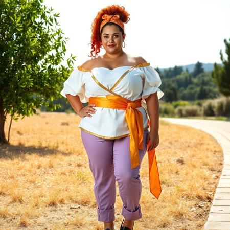 masterpiece portrait of Portia-inspired plus-size cosplayer::1.4, stylized realism::1.2, cosplay fantasy art::1.1,
(physical description: plus-size woman with red/auburn curly hair in a high ponytail, orange-yellow patterned headband:1.1),
(facial features, expression: confident pose, direct gaze or expressive smile, natural makeup:1.0),
(clothing details: white off-shoulder blouse with gold trim, yellow/gold wrap sash over lavender cuffed pants, black flats:1.0),
(accessories: orange patterned headband, gold sash or belt tied at waist:0.9),
(background setting: outdoor dry grassy field, leafy green tree to the left, paved path on the right, distant trees/shrubs in background:0.9),
(lighting style: bright natural sunlight casting soft shadows:0.8),
(composition and camera framing: full-body centered composition, slight low angle to enhance presence, strong vertical stance:1.0),
(emotional tone or theme: vibrant, playful, fantasy-meets-reality cosplay moment:0.9),
(technical execution: crisp rendering of fabric textures and costume details, dynamic lighting on natural and manmade elements:0.8)