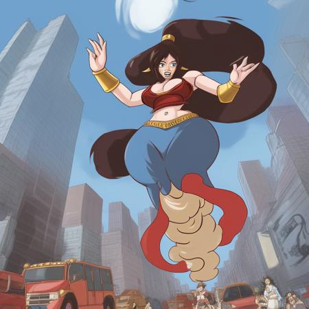 giant  genie  woman rampaging in a tiny city